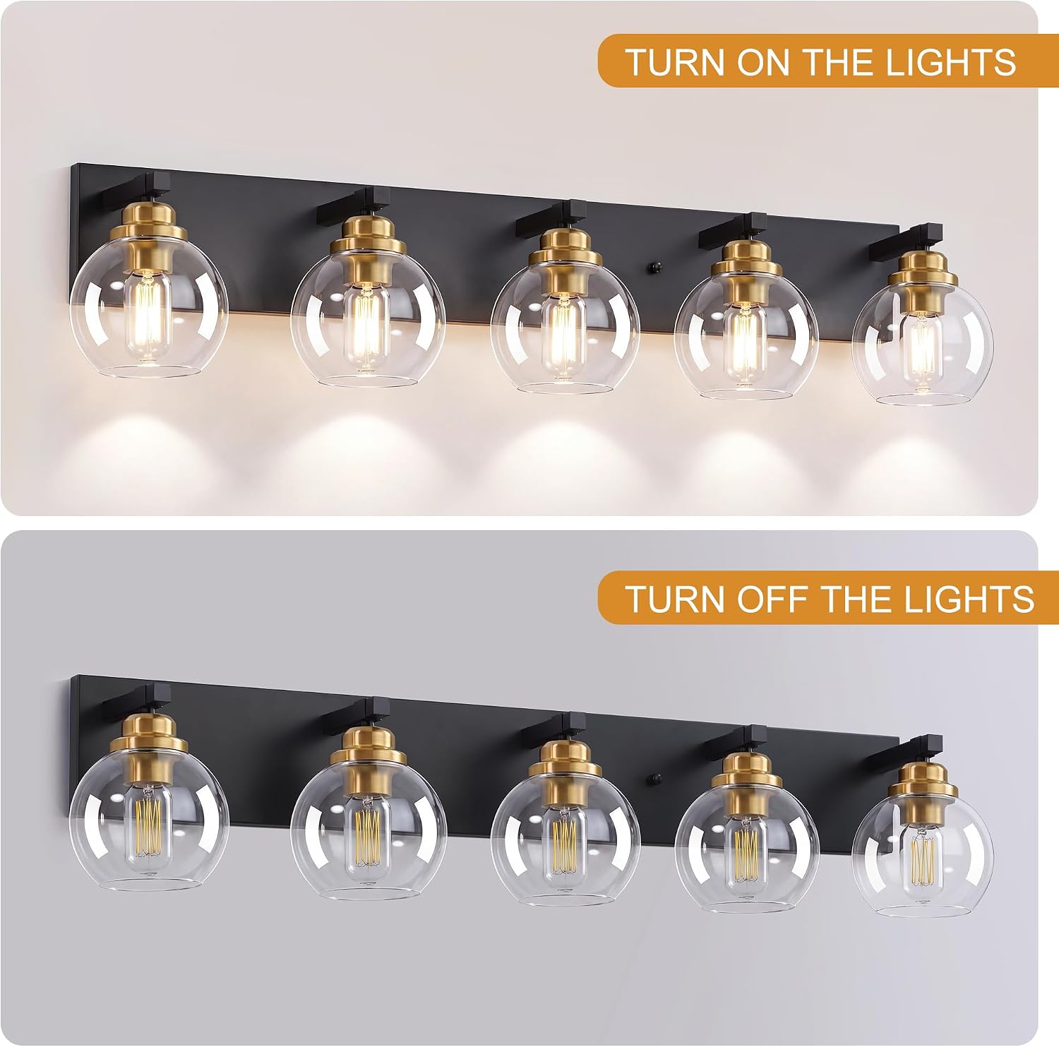 LmnLvn 5-Light Black Gold Vanity Light, Clear Glass | Bathroom light over mirror. Dimmable E26 bulbs (max 60W). Reversible up/down mount. Bedroom/hallway. 2-year warranty.