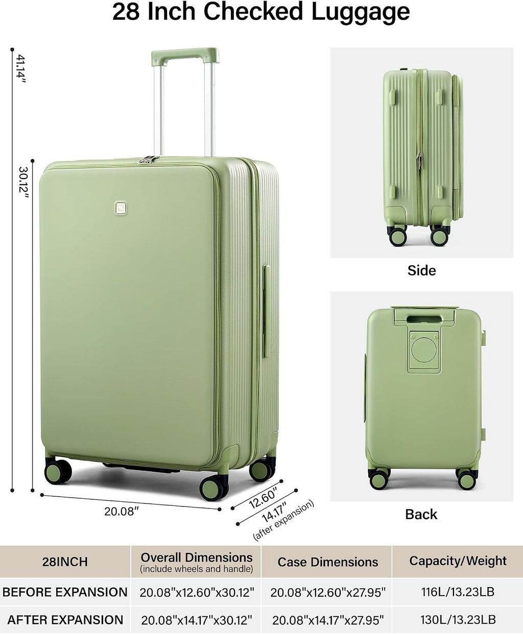 Hanke Large Expandable 28 Inch Luggage with Spinner Wheels Top Opening Travel Luggage Hard Shell Rolling Suitcases Lightweight Checked Luggage with Cup Holder(Bamboo Green)