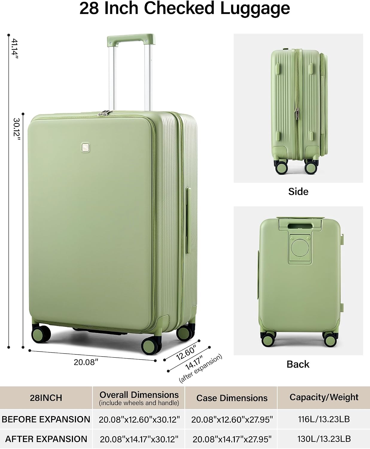 Hanke Large Expandable 28 Inch Luggage with Spinner Wheels Top Opening Travel Luggage Hard Shell Rolling Suitcases Lightweight Checked Luggage with Cup Holder(Bamboo Green)