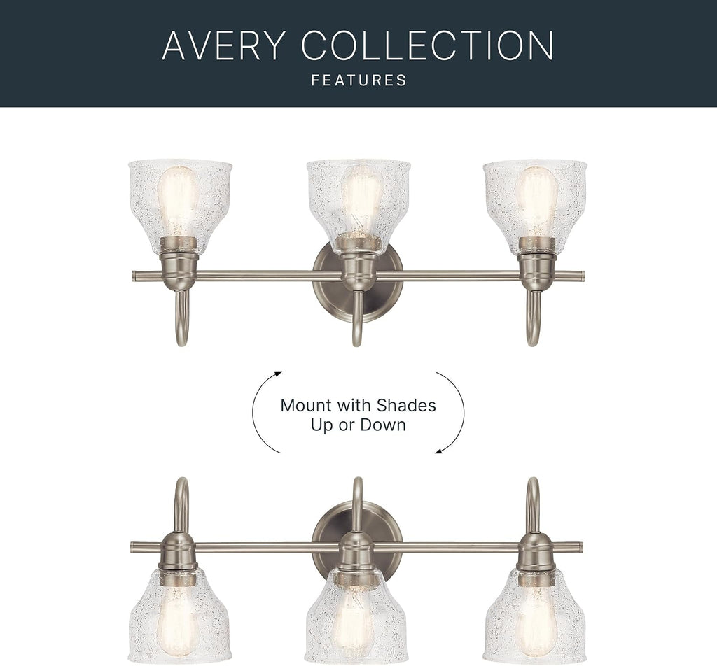 Kichler Avery 24' 3 Light Bathroom Vanity Light in Brushed Nickel, Vintage Bathroom Wall Mount Fixture with Clear Seeded Glass, (24' W x 9.25' H), 45973NI