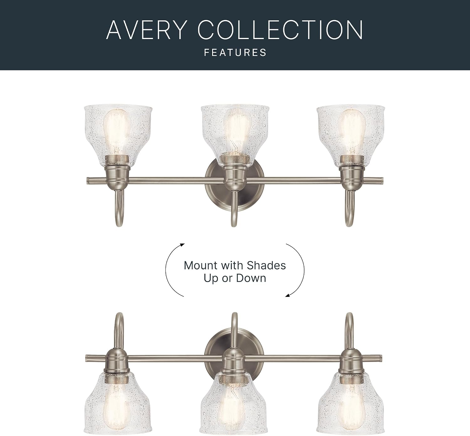 Kichler Avery 24' 3 Light Bathroom Vanity Light in Brushed Nickel, Vintage Bathroom Wall Mount Fixture with Clear Seeded Glass, (24' W x 9.25' H), 45973NI
