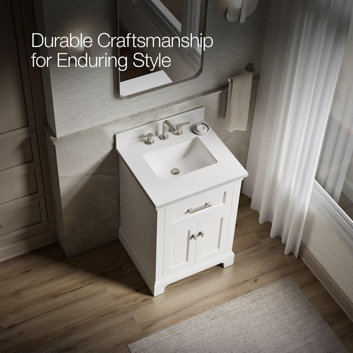 Kohler Charlemont 24' Bathroom Vanity Cabinet with White Sink and Quartz Top, Modern Bathroom Storage, White, K-29259-BD1-0