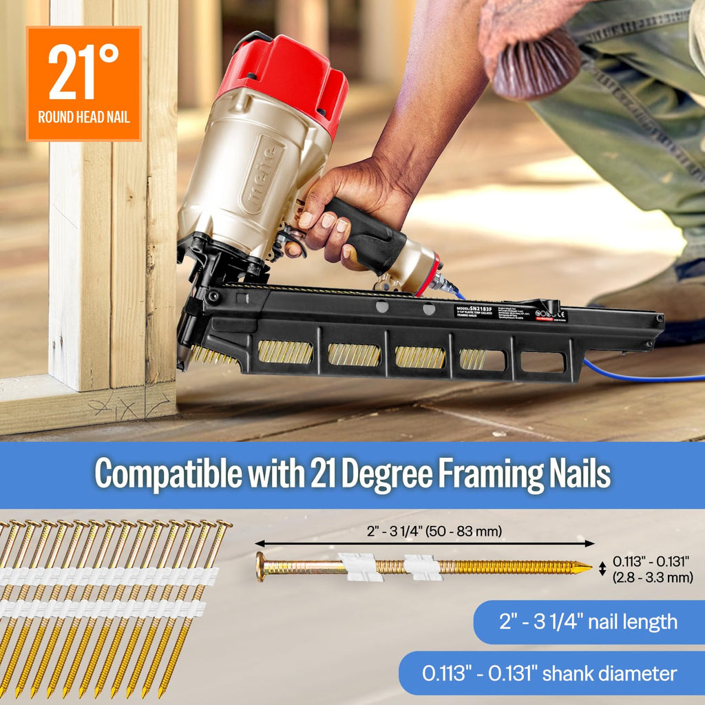 meite SN2183F 21 Degree Framing Nailer Pneumatic Nail Gun, Accepts 20-22° 2' to 3-1/4' Plastic Collated Framing Nails, Air-Powered Framing Nail Gun Tools for Wall Studs Pallet Sheathing Roof Decking