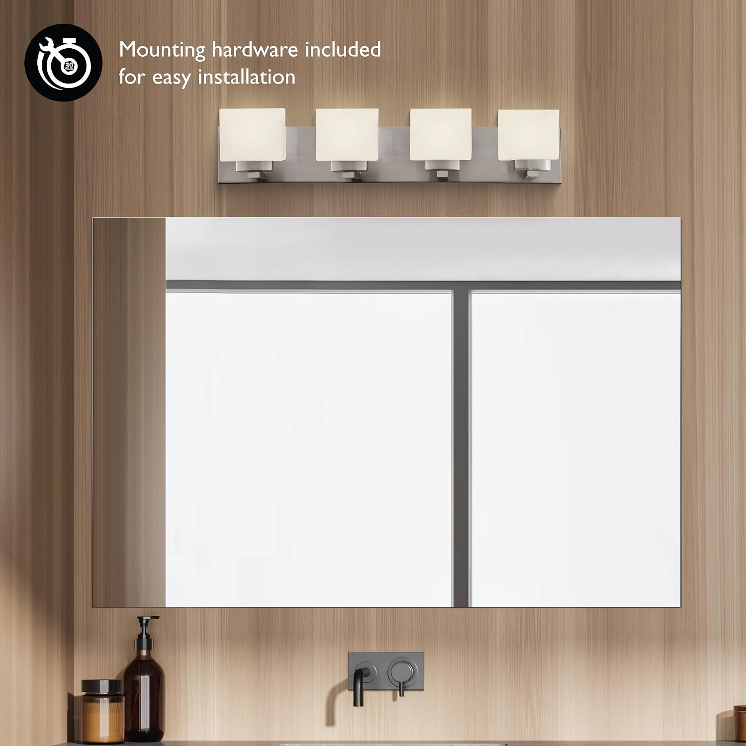Design House 578013 Dove Creek Vanity Light Dimmable with Frosted Glass for Above Bathroom Mirror, Satin Nickel, 4-Light
