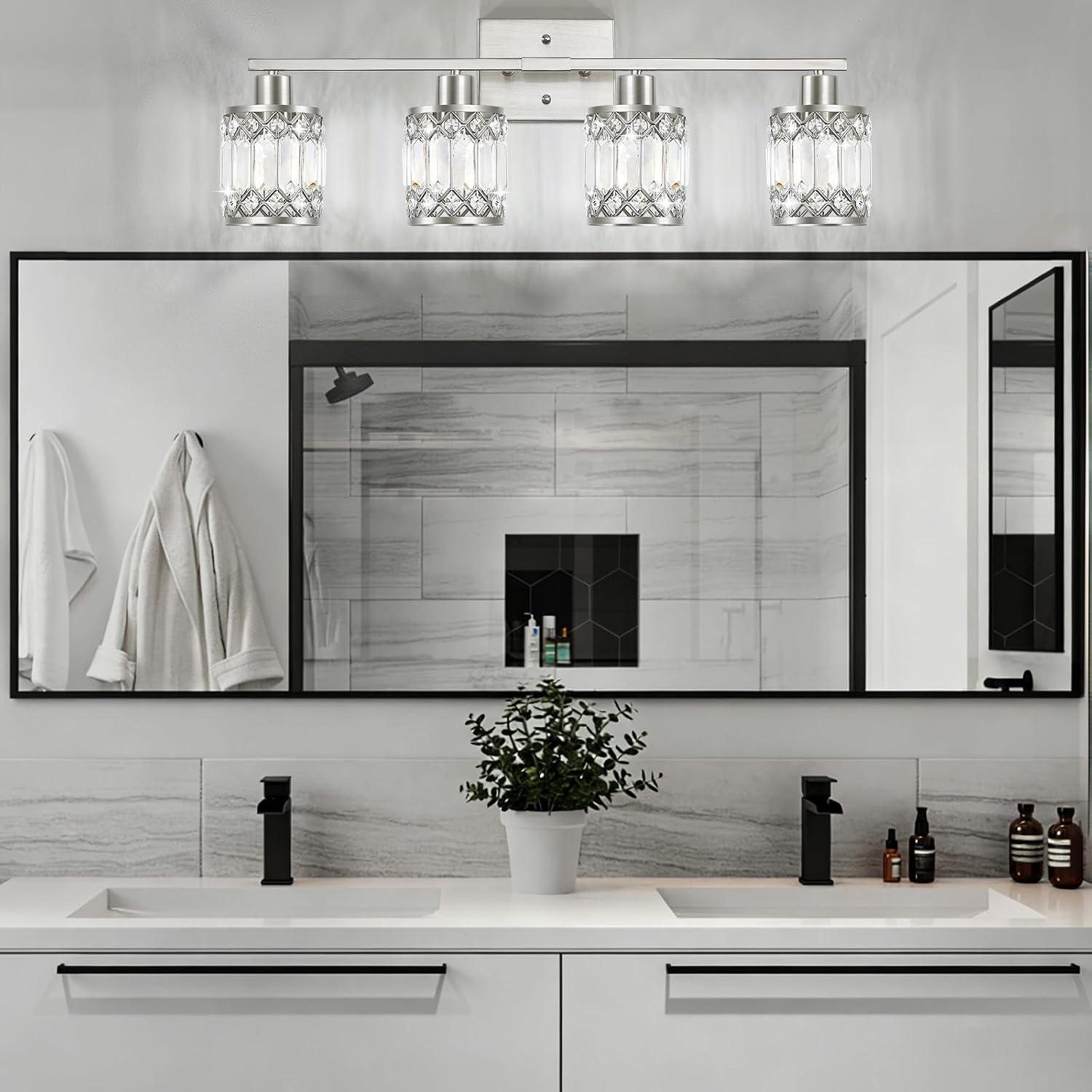 Crystal Modern Bathroom Light Fixtures, 4-Light Brushed Nickel Bathroom Vanity Wall Light, Vanity Lights for Mirror, Restroom, Bedroom (E26 Socket, Bulbs Not Included)