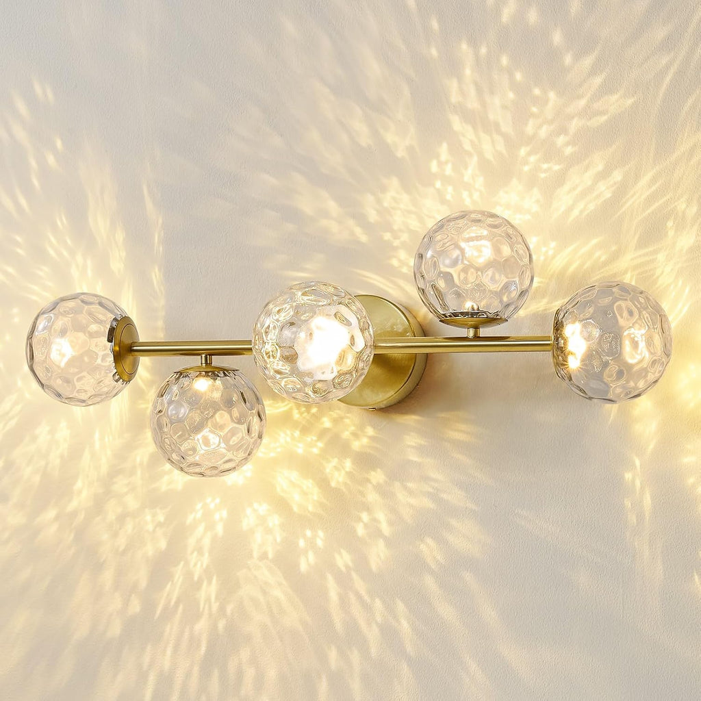 Gold Bathroom Vanity Light Fixtures: 5-Light Hammered Clear Glass Globe Light Fixture Bathroom Wall Sconce over Mirror - Mid Century Modern Gold Dimmable LED Brushed Brass Vanity Lighting Sconces