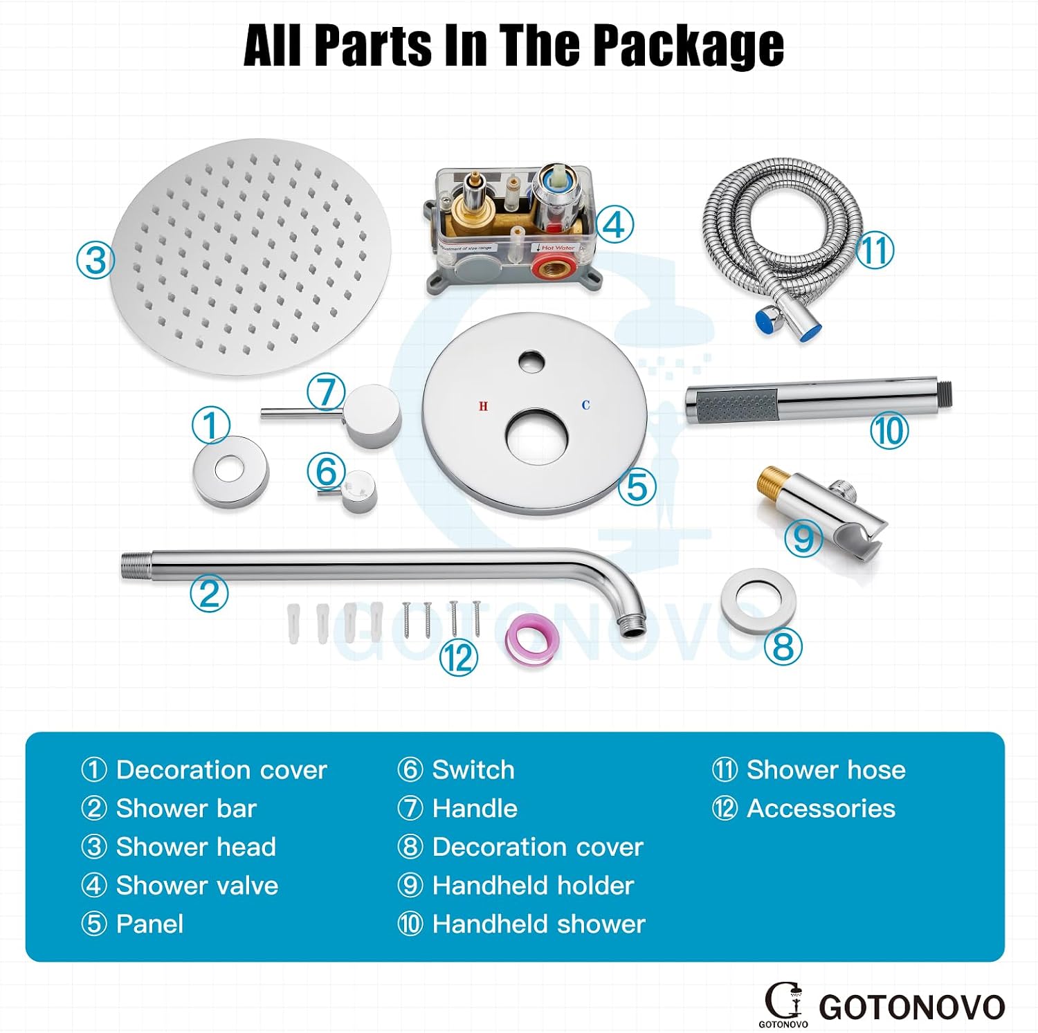 gotonovo Shower System 10 Inch Round Rainfall Showerhead Wall Mounted High Pressure Shower Faucet Set Fixture Combo with Rough in Valve and Cylindrical Handheld Spray, Polish Chrome