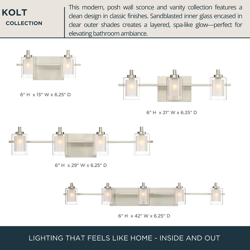 Quoizel Kolt 21' LED Vanity Light, 3-Light Brushed Nickel, Clear Sandblasted Glass, Modern Bathroom Fixture Over Mirror