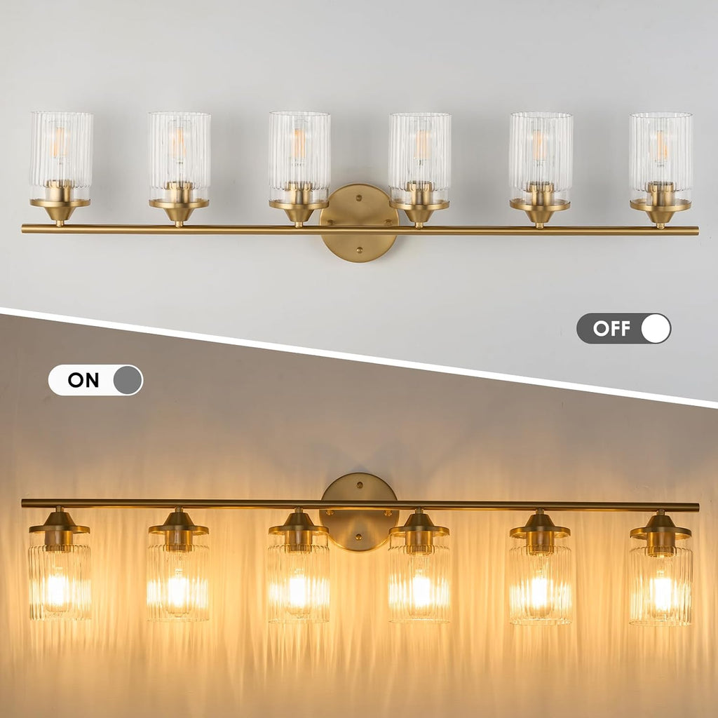Jonsi Gold Bathroom Light Fixtures 6-Light Vanity Lights Modern Wall Sconce with Clear Glass Shade Brushed Brass Bathroom Light Fixture Over Mirror for Bedroom Hallway Kitchen