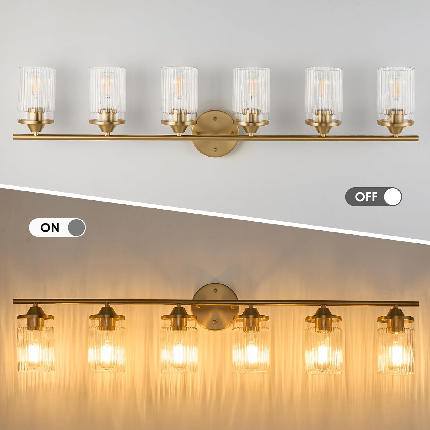Jonsi Gold Bathroom Light Fixtures 6-Light Vanity Lights Modern Wall Sconce with Clear Glass Shade Brushed Brass Bathroom Light Fixture Over Mirror for Bedroom Hallway Kitchen