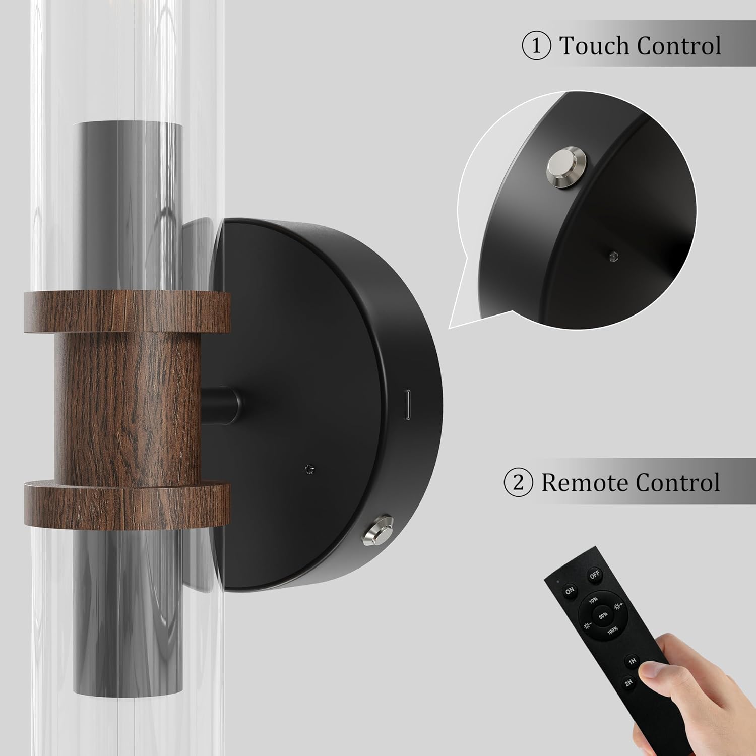 Rayogale Black & Walnut Wireless Battery Operated Wall Sconces with Remote | Glass Rechargeable Wall Lights Set of 2 with Timer Function Dimmable for Living Room Bedroom Emergency 3000K, 20.5 Inch