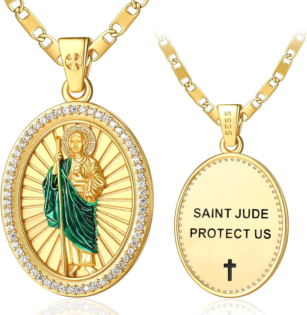 Patron Saint Medals, 14K Gold Catholic Pendant Necklaces, Personalized Christian Jewelry Religious Gifts for Women with 22'+2' Mariner Chain