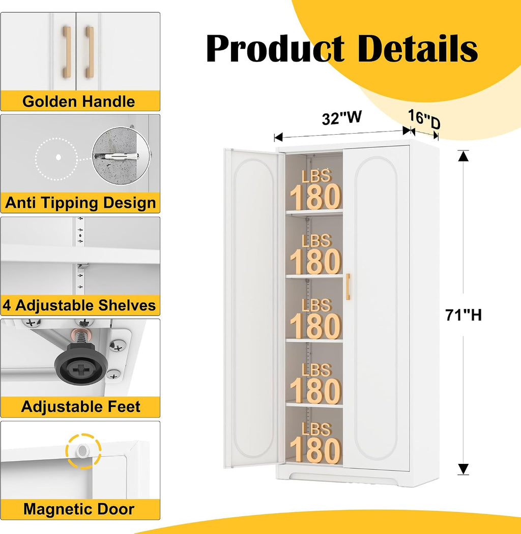 SteeLoong Kitchen Pantry Cabinet,71'Metal White Storage Cabinet with Doors and Shelves,Tall Cabinet with 2 Gold Hands for Dinning Room,Living Room