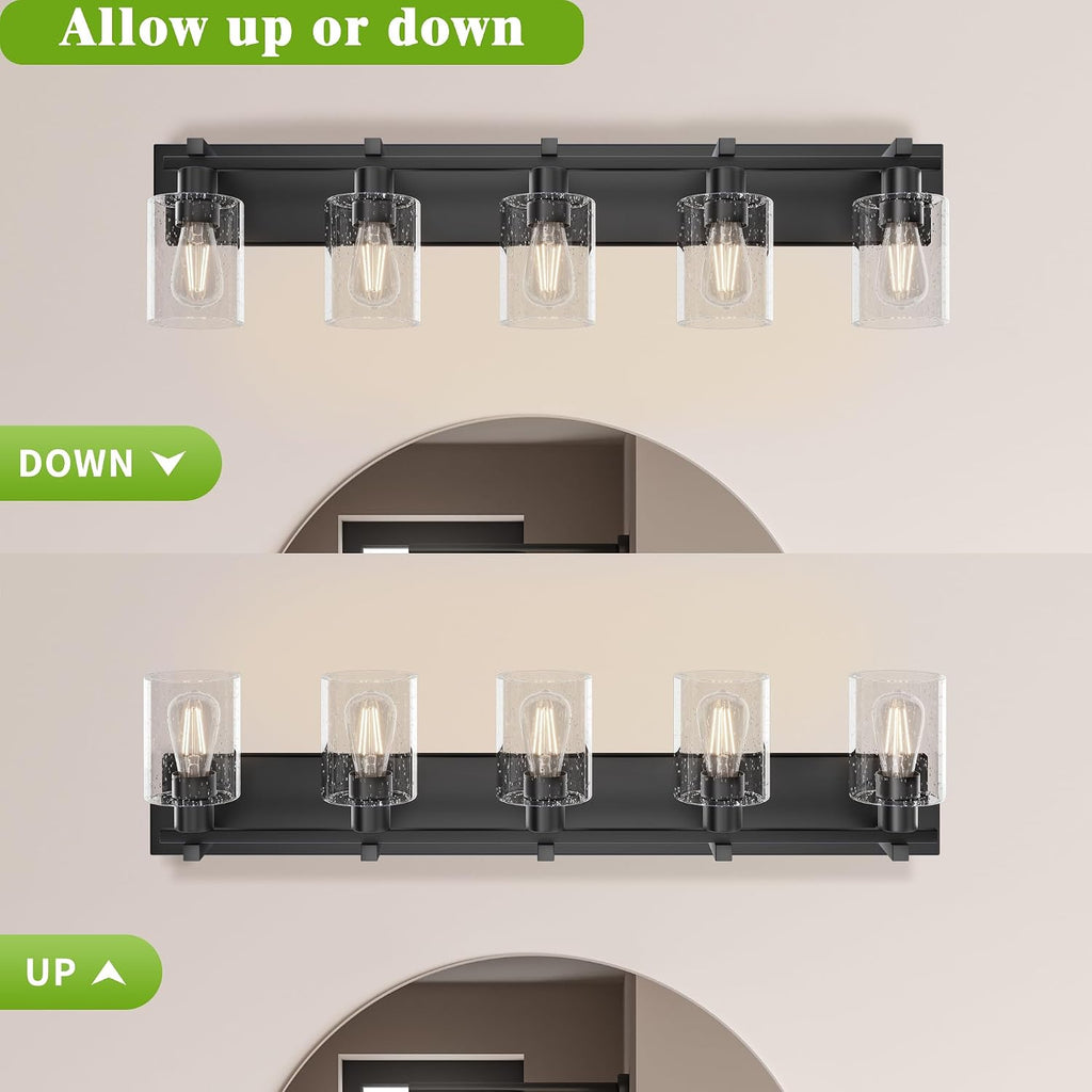 5-Light Bathroom Light Fixtures, Bubble Black Modern Vanity Lights with Clear Glass Shade, Wall Sconce Lighting for Mirror Kitchen Living Room Hallway Cabinet Porch