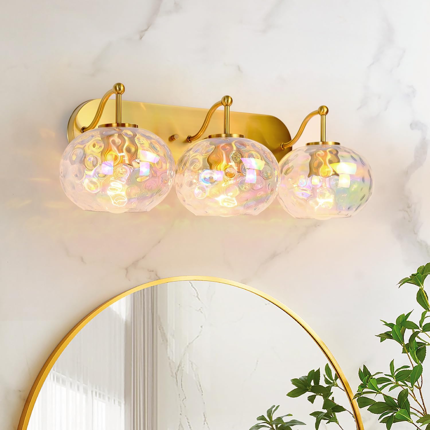 23' Brushed Gold Vanity Light Stained Hammered Glass Wall Sconce 3-Light Brass Wall Lamp for Hallway Living Room Stairwell Bathroom Over Mirror (Brass Gold, 3-Light)