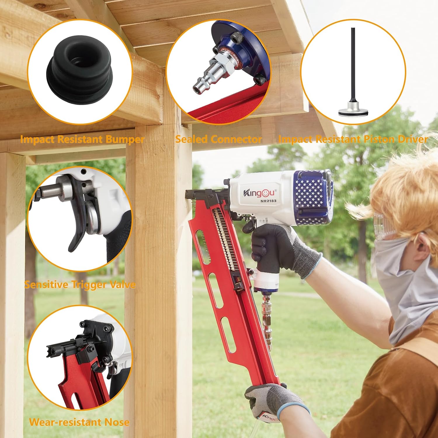 KingOu American Style NR2183 21 Degree Aluminum Magazine Framing Nailer, Pneumatic Framing nail gun, 2-Inch up to 3-1/4-Inch Plastic Collated Full Head Framing Nails, Framing, Wooden House Building