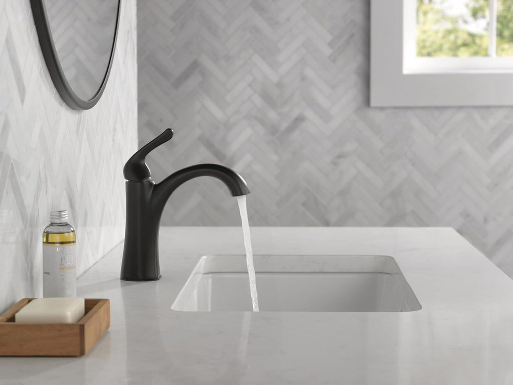 Delta Arvo Matte Black Bathroom Faucet 1 Hole, Single Hole Bathroom Sink Faucet for Vanity, Push-Pop Drain Assembly, Matte Black 15840LF-BL