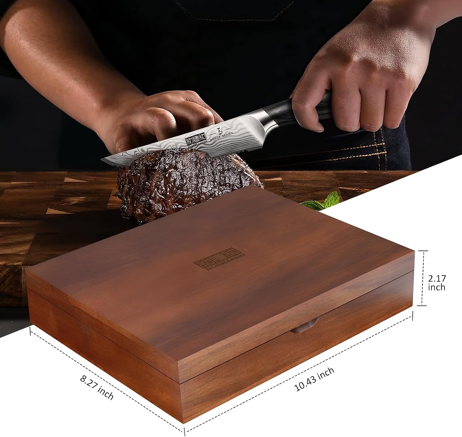 HOSHANHO 7-Piece Serrated Steak Knife Set, 4.5 Inch Japanese High Carbon Steel Steak Knives Set with Block, Razor-Sharp Kitchen Dinner Knives with Ergonomic Pakkawood Handle