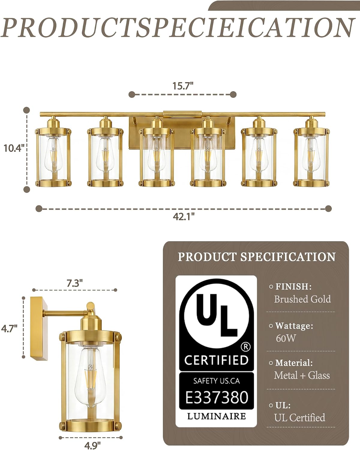 6-Light Brushed Gold Bathroom Light Fixtures Over Mirror with Clear Glass and Metal Cage Shade, 42' UL-Listed Modern Farmhouse Wall Sconce for Bath, Hardwire E26, OS-3014BG-6W