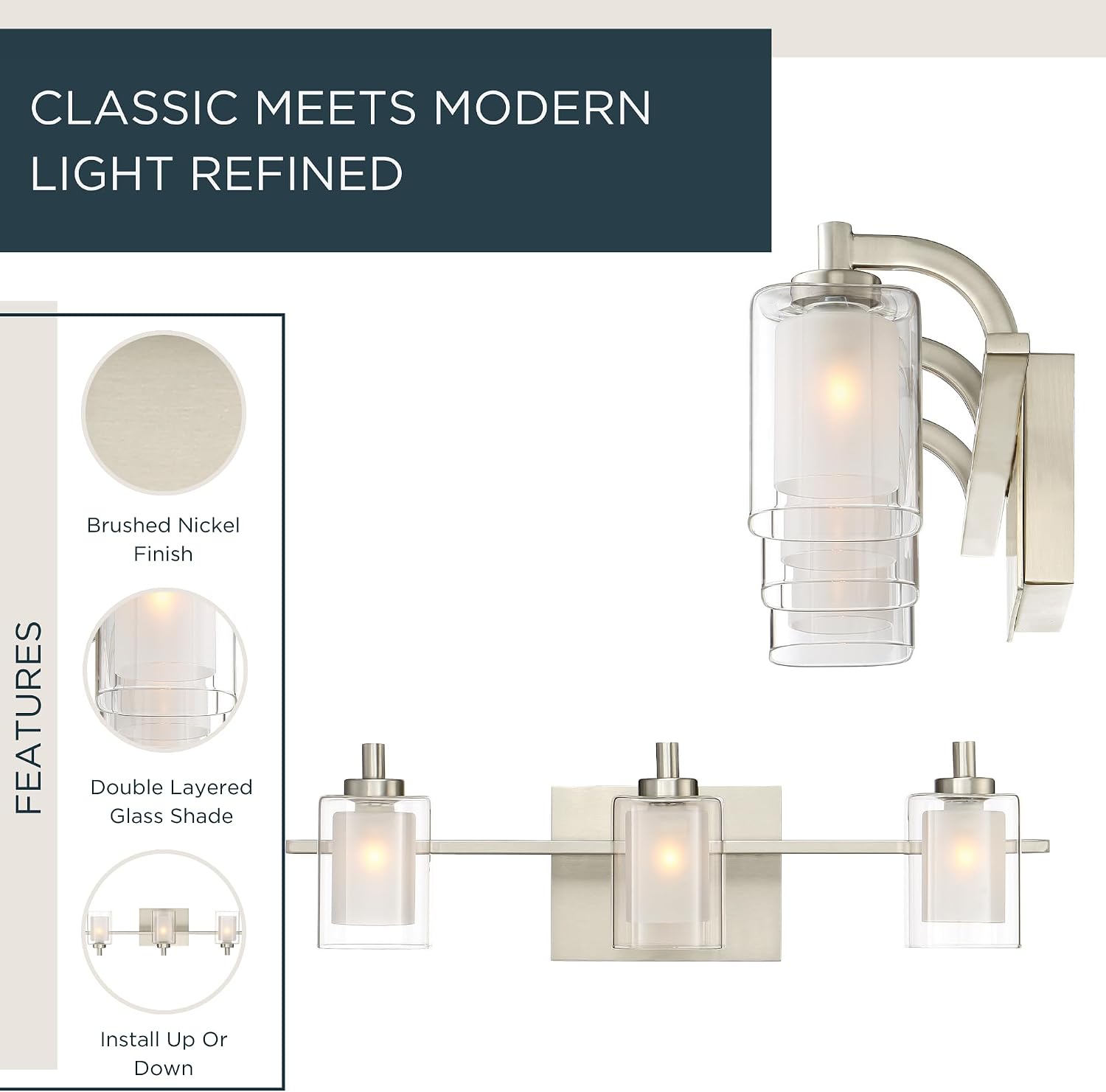 Quoizel Kolt 21' LED Vanity Light, 3-Light Brushed Nickel, Clear Sandblasted Glass, Modern Bathroom Fixture Over Mirror