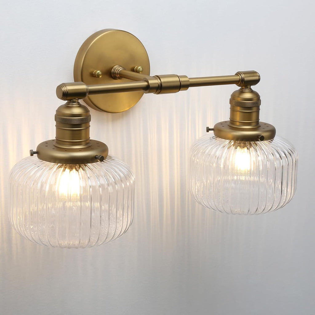 2-Lights Industrial Glass Wall Sconces, Antique Brass Clear Striped Globe Shade Wall Light Fixture for Bathroom Vanity, Bedroom, Dining Room, Living Room, Farmhouse, Stairs