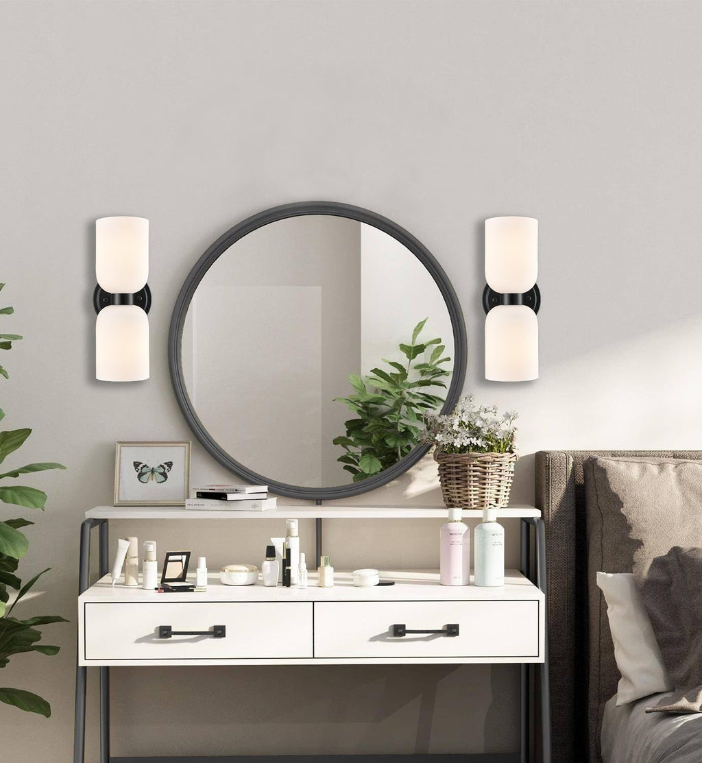 CLAXY Black Wall Sconces Set of 2 Glass Vine Shades | Milky White Glass Shade, Dual Shades Wall Lights for Bathroom Bedroom Hallway Kitchen Dimmable