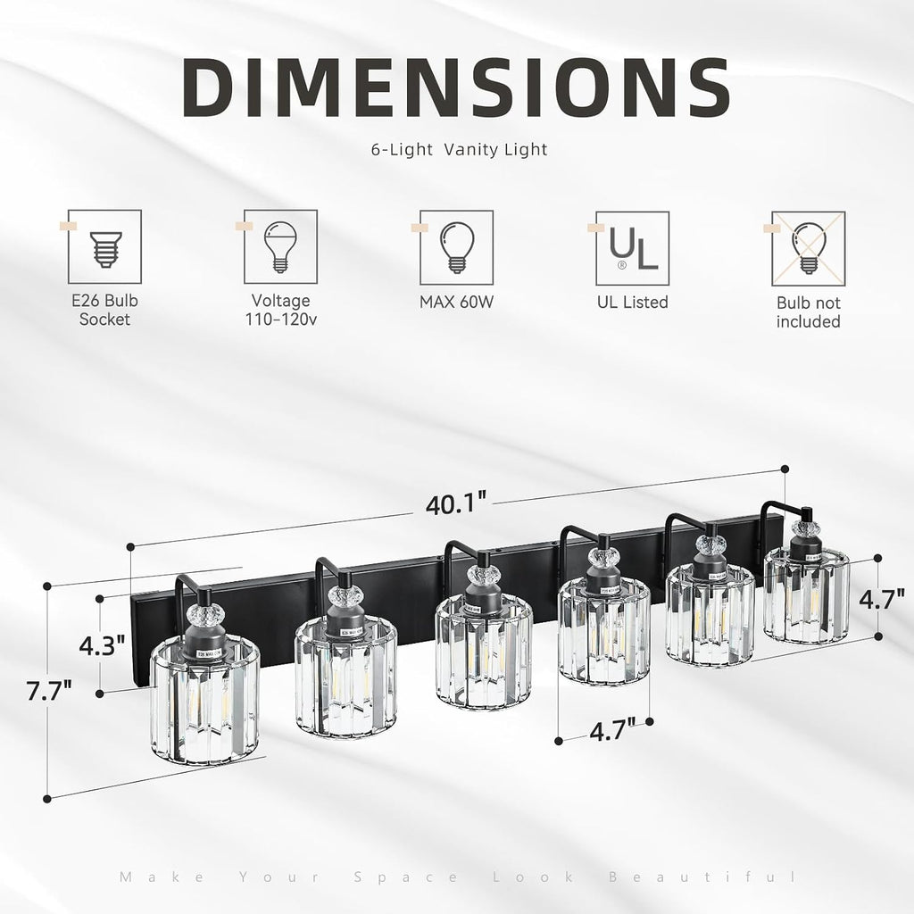 6-Light Black Bathroom Light Fixtures Over Mirror Modern Vanity Lights Crystal Wall Sconce Vintage Bathroom Lighting with Crystal Shade E26 Base for Bedroom, Living Room, Hallway
