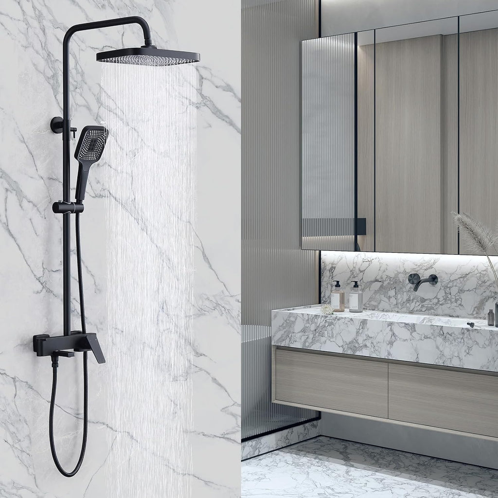Shower Systems with 12 x8 Inches Rain Shower Head, Matte Black Exposed Pipe Shower System,3 Functions Tub Shower Faucet Sets,Overhead Shower System with Handheld