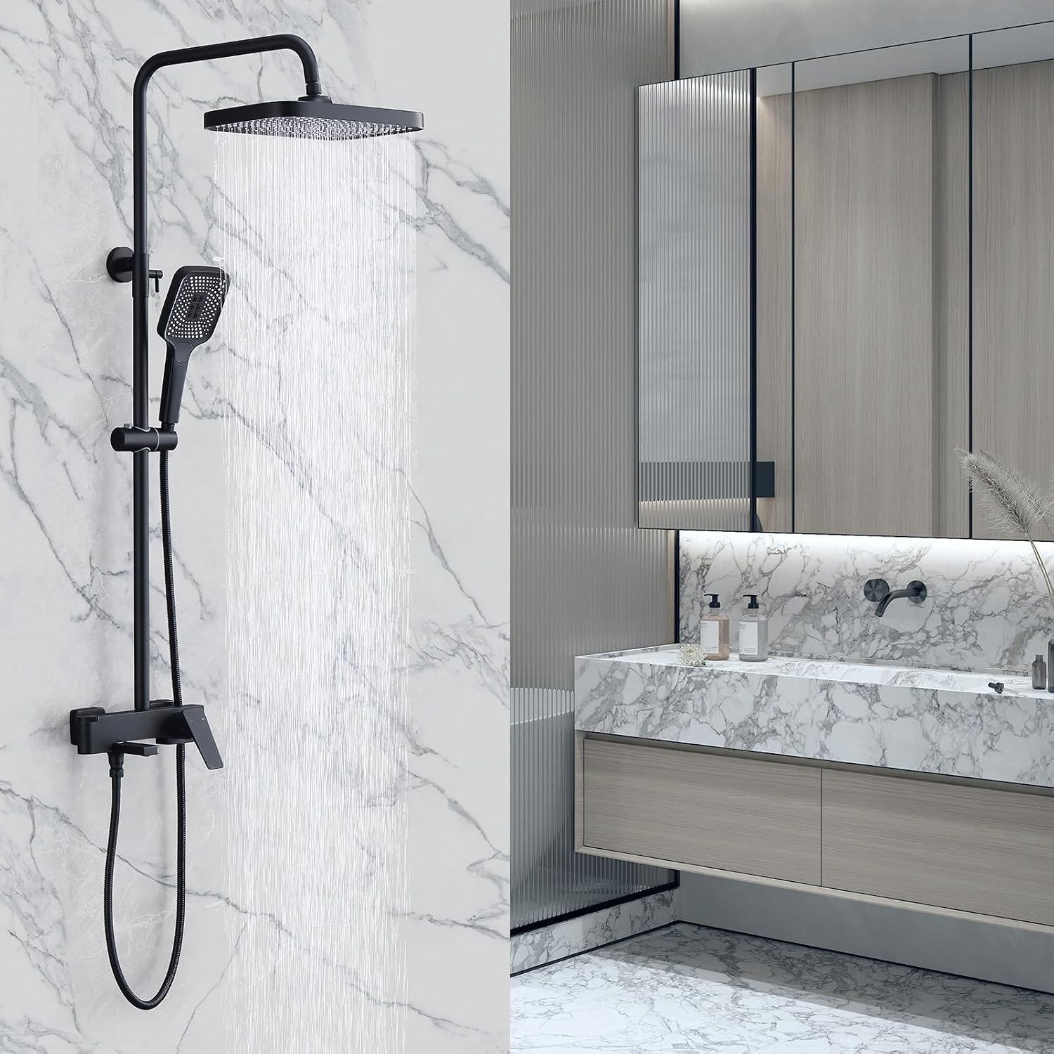 Shower Systems with 12 x8 Inches Rain Shower Head, Matte Black Exposed Pipe Shower System,3 Functions Tub Shower Faucet Sets,Overhead Shower System with Handheld