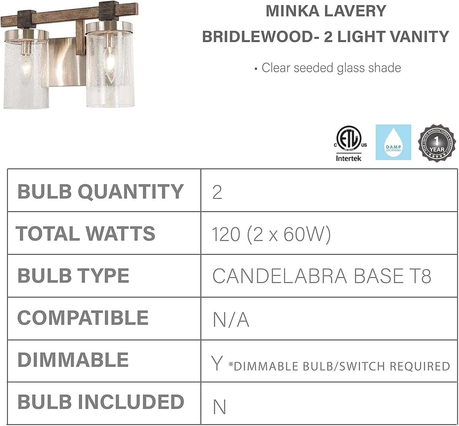 Minka Lavery 4632-106 Bridlewood Vanity Bath Light, 2-Light, 120 Total Watts, 14-in H x 8.75-in W, Stone Grey w/Brushed Nickel