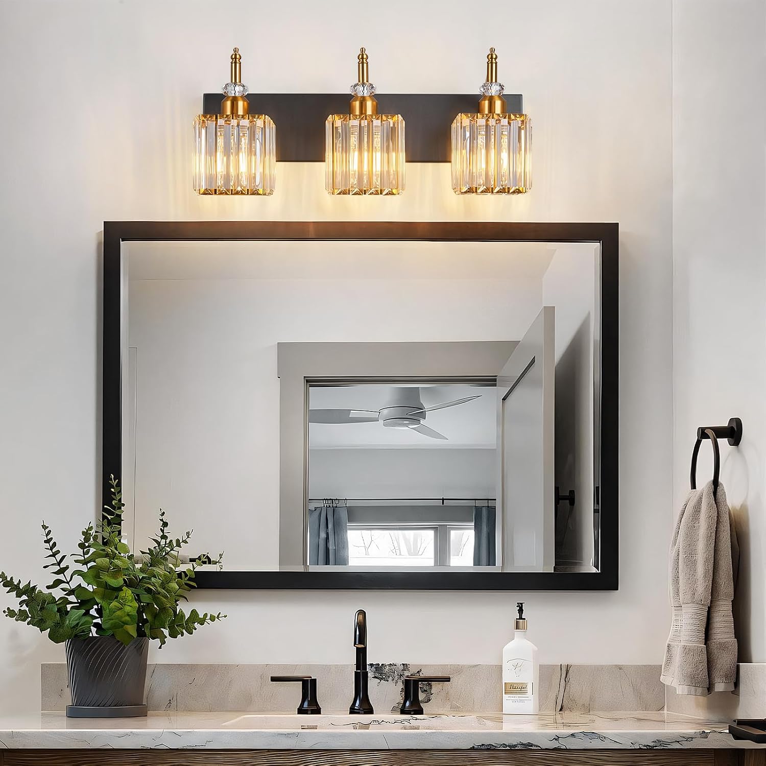 Modern Bathroom Vanity Light 3-Light Black and Gold Crystal Light Fixtures Over Mirror for Bathroom Wall Sconce