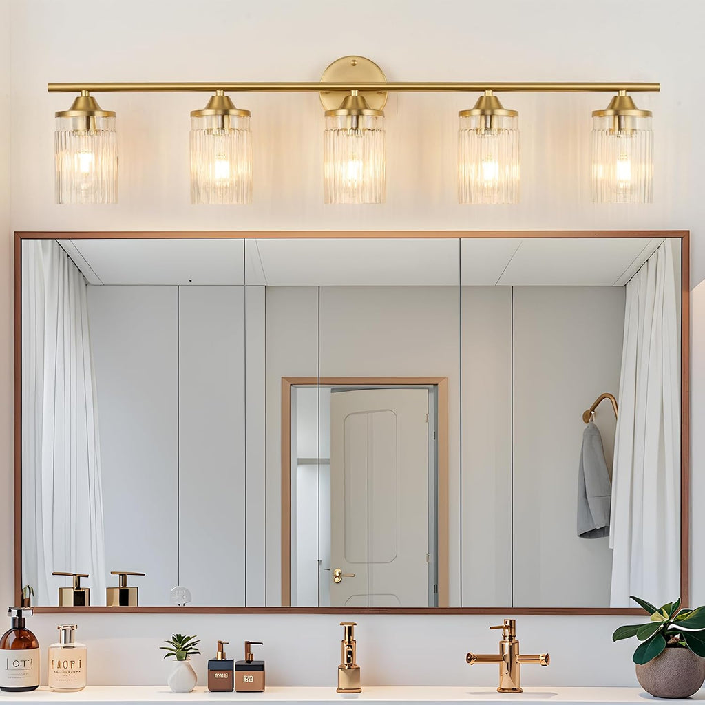 Jonsi Gold Bathroom Light Fixtures 5-Light Vanity Lights Modern Wall Sconce with Clear Glass Shade Brushed Brass Bathroom Light Fixture Over Mirror for Bedroom Hallway Kitchen