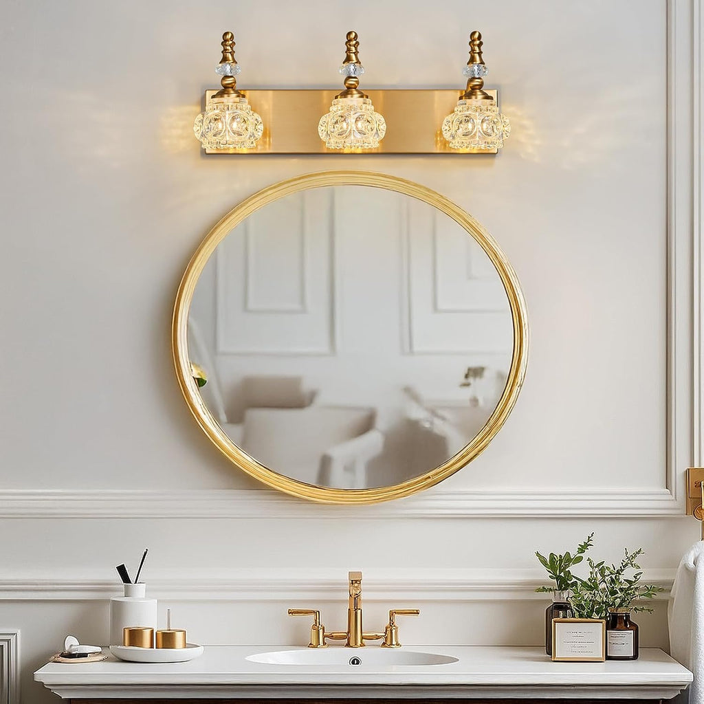 Modern Glass Crystal Vanity Light - Vintage Bathroom Lighting Fixtures Over Mirror, 3 Light Vanity Lights G9 Bulb (19.68 Inch, Gold)