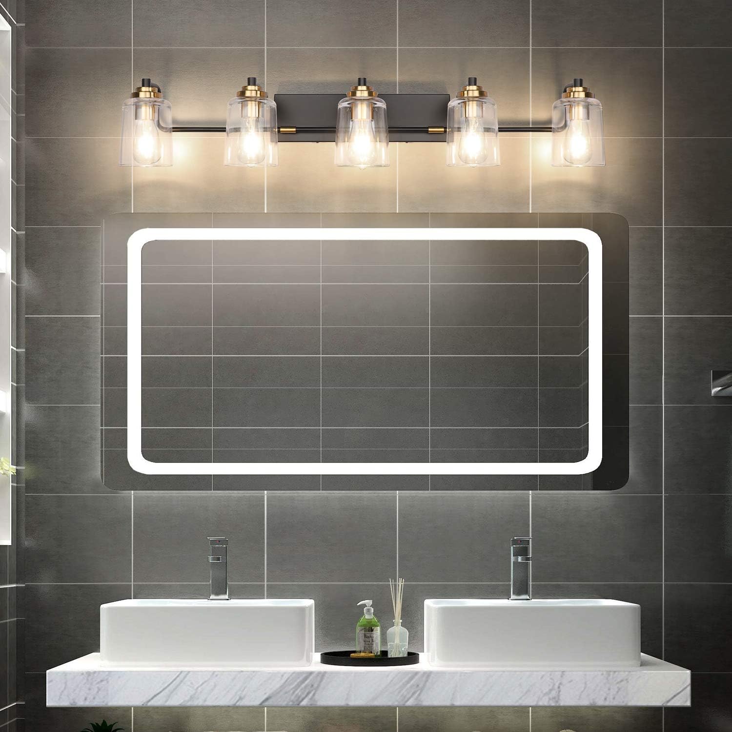SOLFART Vintage Vanity Lights for Bathroom 5 Light Bathroom Vanity Light Black Metal with Clear Glass Brass Fixtures Wall Mount Lighting Wall Sconce