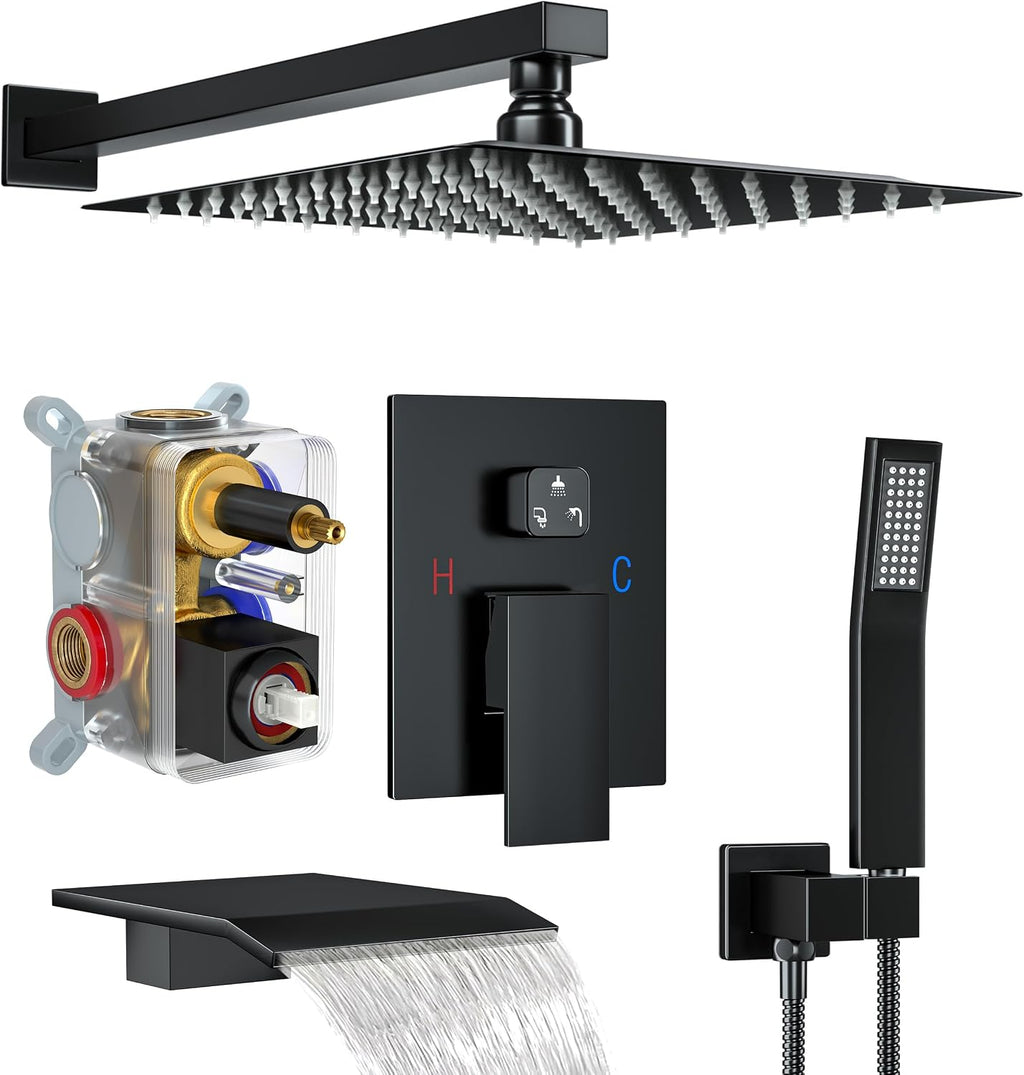 Matte Black Shower System with 12-Inch Rain Showerhead and Tub Spout | cUPC-certified pressure balance brass valve to prevent scalding, CEC-certified air injection technology for low pressure