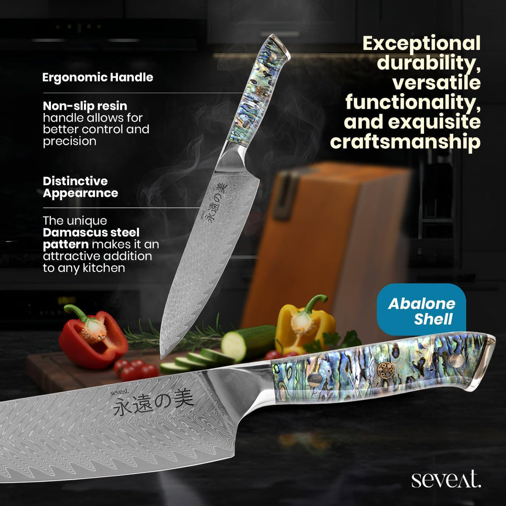 Damascus Kitchen Knife Set | 67-Layer Damascus Steel | Professional Chef Knives Set | Ergonomic Blue Shell Handle | Acacia Wood Magnetic Holder Included (Blue, 9-Piece Set)