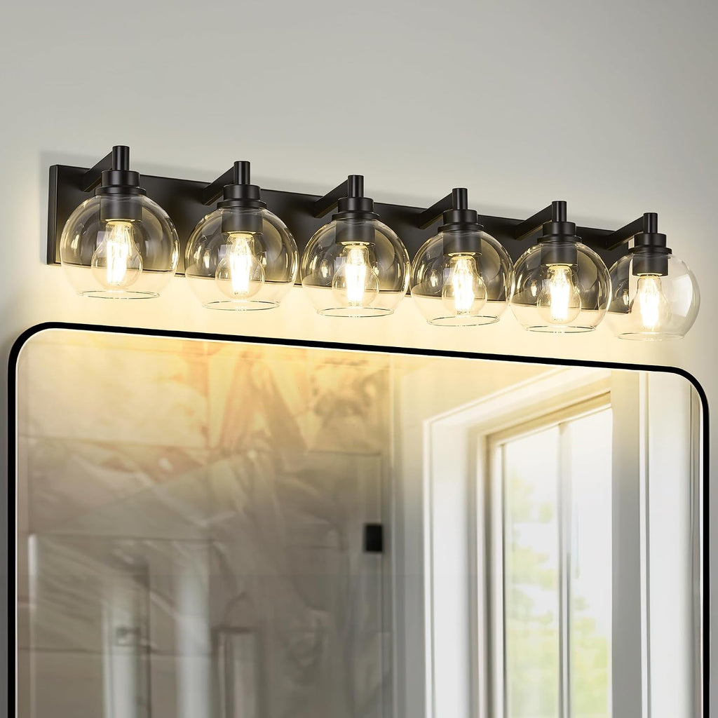 Bathroom Light Fixtures, 6 Light Matte Black Vanity Light, 38 Inch Modern Wall Sconces with Globe Clear Glass Shade, Vanity Lighting Fixtures Over Mirror, VL195-MB-6