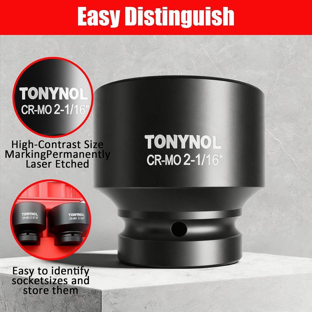 TONYNOL 1 Inch Drive Impact Jumbo Socket Set,6-Point,SAE(2-1/16' to 2-1/2'),8 Pcs,Cr-MO Steel,With a Storage Case