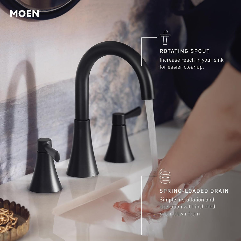 Moen 84023 Ronan Two-Handle Widespread Bathroom Sink Faucet, Valve Included, Chrome, Modern 3-Hole Faucet with Push-Down Drain Assembly