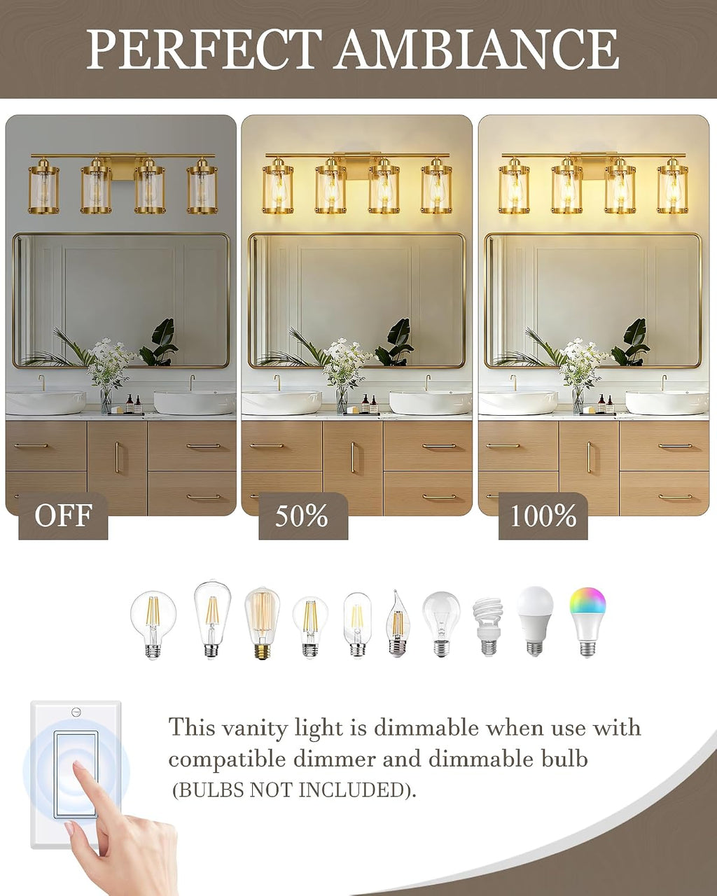 4-Light Brushed Gold Bathroom Light Fixtures with Clear Glass and Metal Cage, 29 Inch Modern Brass Vanity Lighting Over Mirror Wall Sconce Lights for Bath, E26, Rust-Proof, OS-3014BG-4W