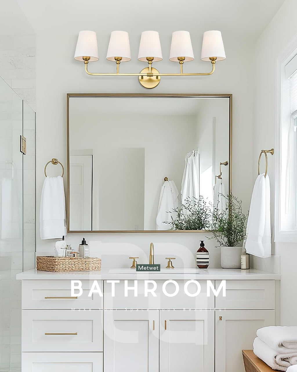 Bathroom Light Fixtures, 5 Light Brushed Gold Vanity Lights with Flared White Fabric Shade, 35 Inch Wall Sconce, Modern Sconces Wall Lighting for Hallway Bedroom, VL837-BG-5