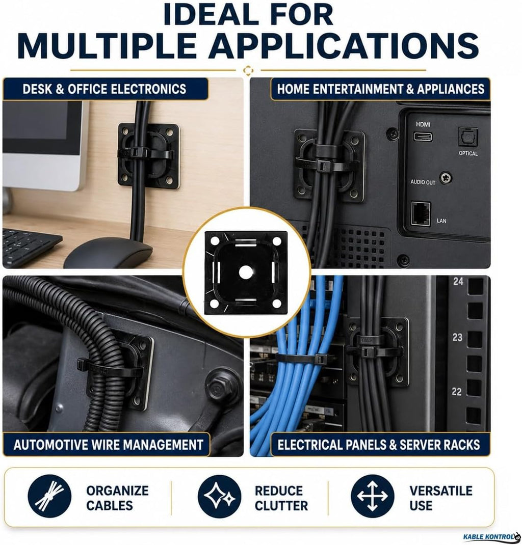 Kable Kontrol Zip Tie Mounts, 1-1/2' Sq, Black, 2500 Pcs Bulk Pack, Adhesive Backed Multi-Purpose UV-Resistant Mounting Squares Nylon Cable Tie Wrap Anchor Pads for Cable Management