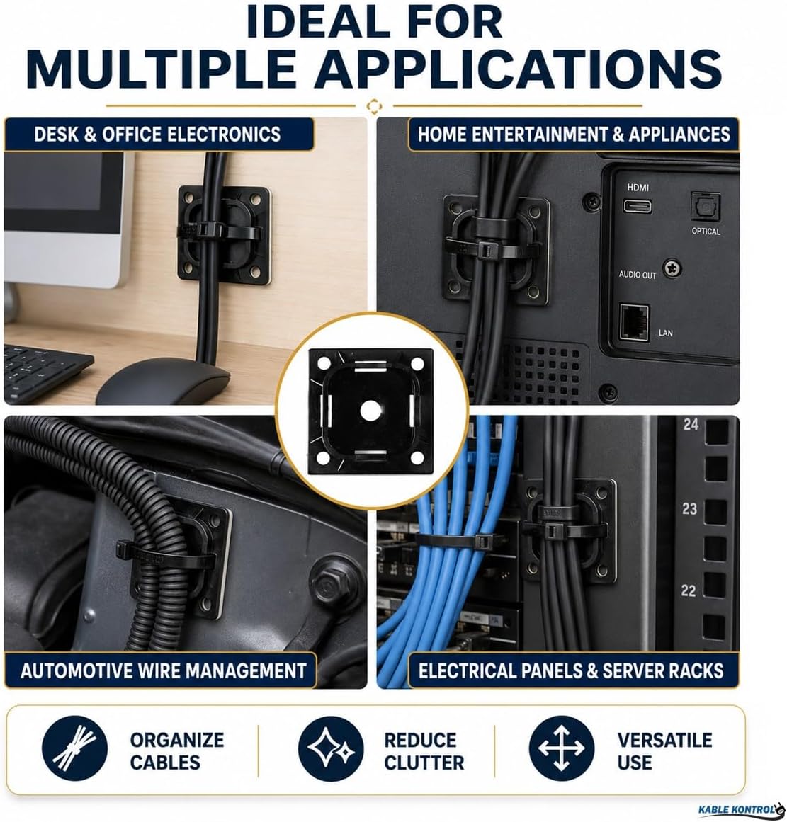 Kable Kontrol Zip Tie Mounts, 1-1/2' Sq, Black, 2500 Pcs Bulk Pack, Adhesive Backed Multi-Purpose UV-Resistant Mounting Squares Nylon Cable Tie Wrap Anchor Pads for Cable Management