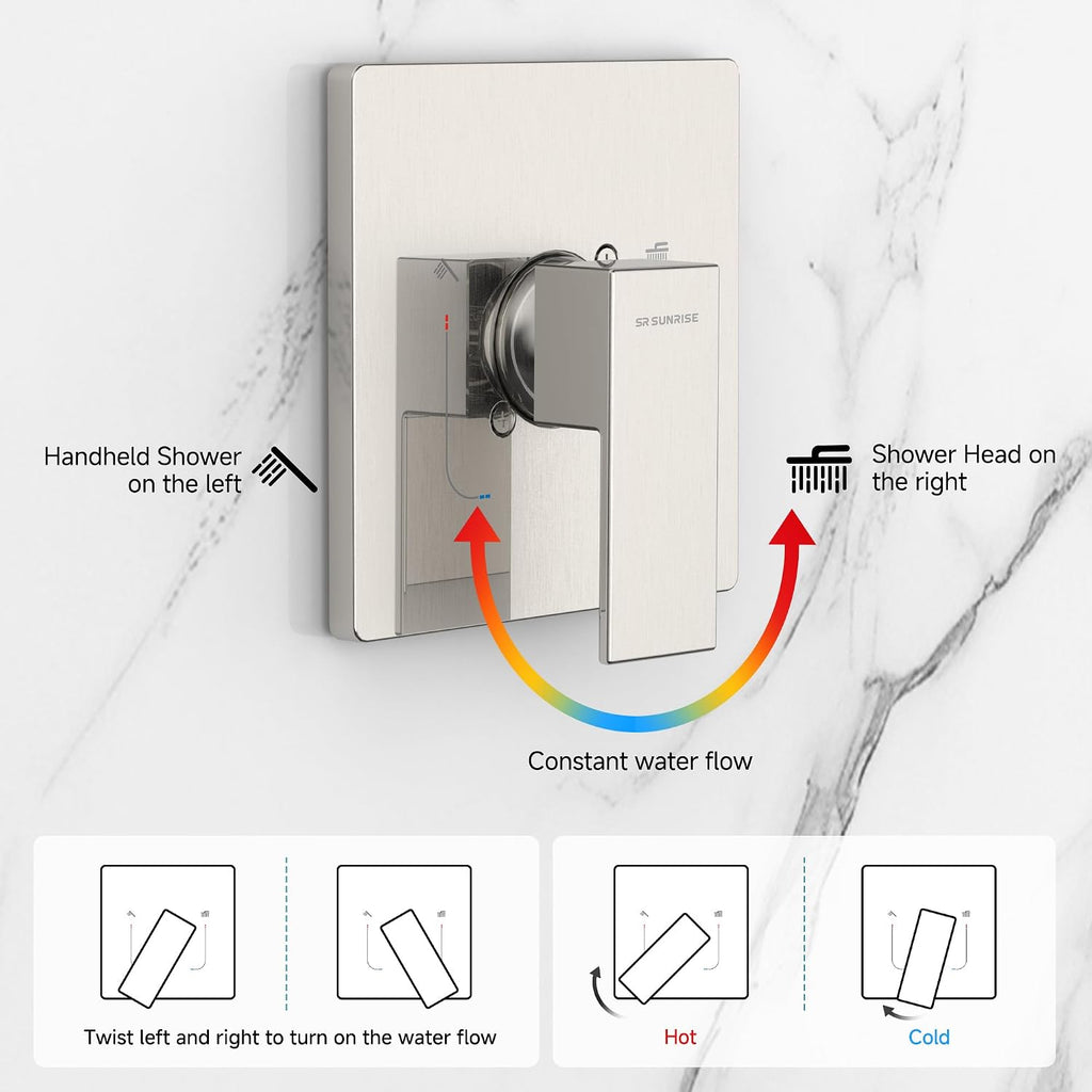 SR SUN RISE Shower Faucet Set & System - 12 Inch Rainfall Shower Head & Handle Set Wall Mounted Brushed Nickel Solid Brass Valve Trim Kit Included