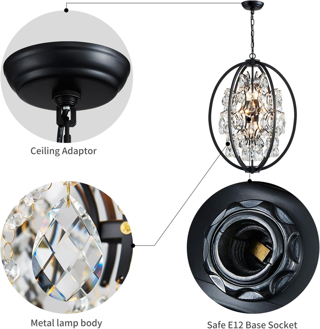 WUZUPS Globe Crystal Chandelier Raindrop Pendant Flushmount Ceiling Light Modern Lighting Fixture for Bedroom Hallway Bar Kitchen Bathroom, H 23.6' x W 19.7', Black, 8 E12 Base