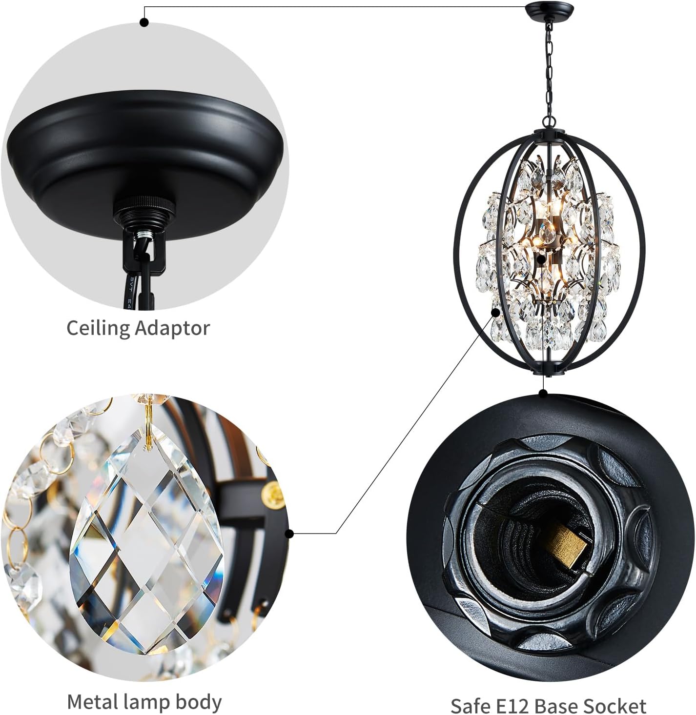 WUZUPS Globe Crystal Chandelier Raindrop Pendant Flushmount Ceiling Light Modern Lighting Fixture for Bedroom Hallway Bar Kitchen Bathroom, H 23.6' x W 19.7', Black, 8 E12 Base