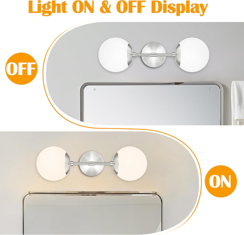 KoKo&Yukina Nickel 2 Pack Vanity Light Fixtures Mid Century Modern Bathroom Vanity Light Globe Sconce with Milky White Glass for Bathroom Bedroom