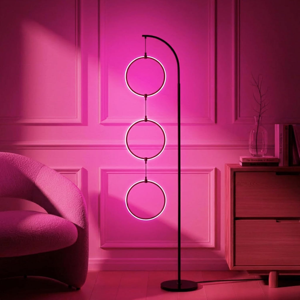 Brightech Nova Modern Color Changing Floor Lamp - LED Lamp with Stunning RGB Color Gradient and Contemporary 3-Circle Ring-Style Pendant - Corner or Over-The-Couch Arching Pole Standing Lamp - Black