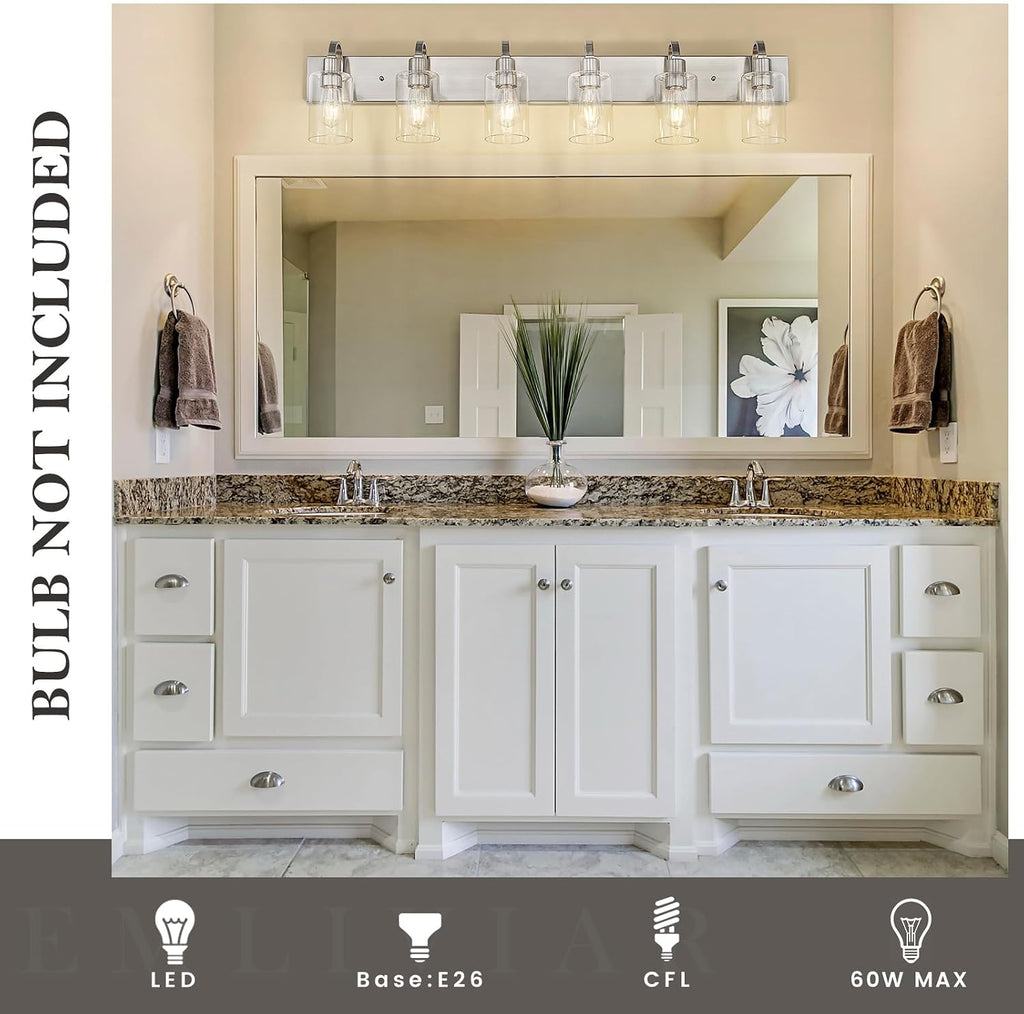 Emliviar Large Bathroom Wall Light, 6-Light Industrial Bathroom Lighting Fixtures Over Mirror, Brushed Nickel Finish with Clear Glass, YCE237B-6W BN