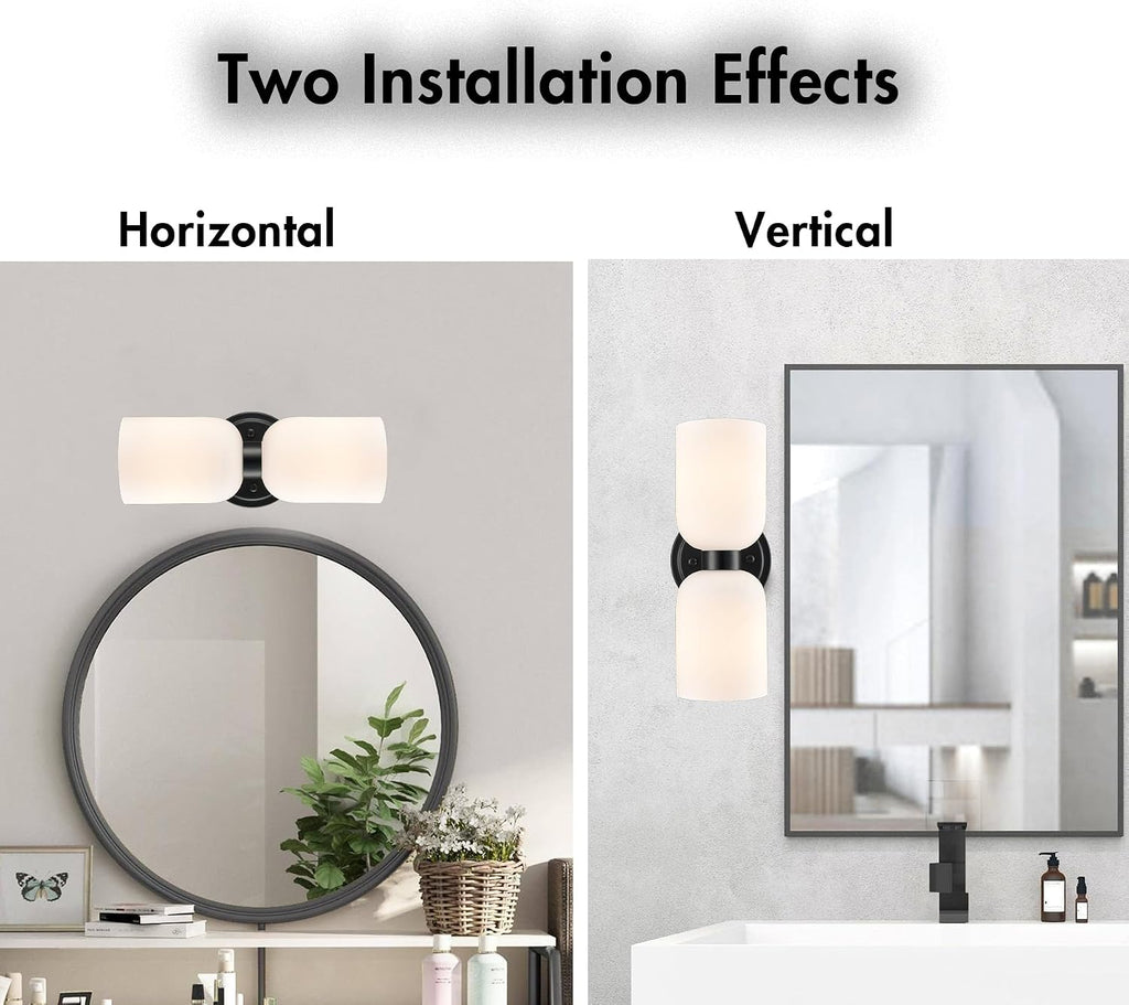 CLAXY Black Wall Sconces Set of 2 Glass Vine Shades | Milky White Glass Shade, Dual Shades Wall Lights for Bathroom Bedroom Hallway Kitchen Dimmable